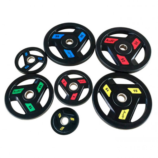 Олимпийский обрезиненный диск AeroFit 20 кг, черно-синий, с 3-мя хватами. Посадочное кольцо из нержавеющей стали, Ø 51,5 мм